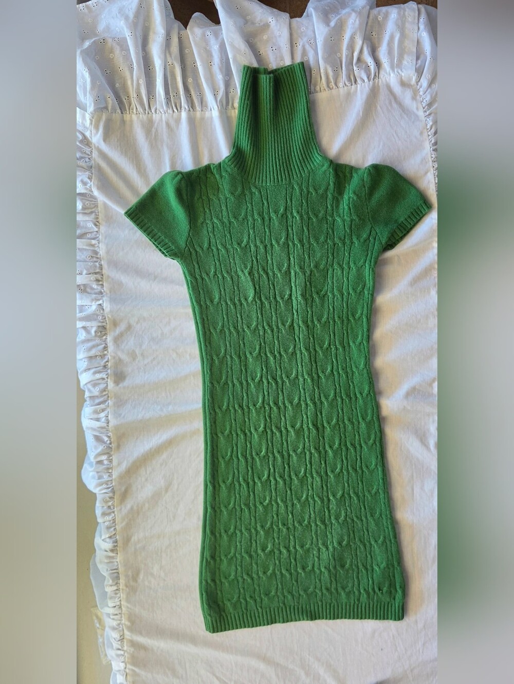 Qi Cashmere Kelly Green Cable-Knit Turtleneck Short-Sleeve Sweater Dress Size S